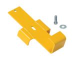 A yellow metal bracket with curved ends lies on a white surface, accompanied by a bolt, nut, and washer. This is the Vestil Ctr Support Bracket 10 or 12 Foot Rail design.