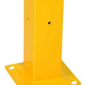 A sturdy yellow metal bollard base with four corner mounting holes mirrors the robust design of a Vestil Channel Guard Rail Tubular 18 In. Nearby, a small silver bolt lies on a pristine white background.