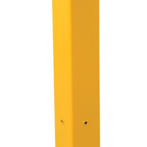 The Vestil Channel Guard Rail Tubular 42 In is a yellow metal bollard post with a flat square base and four mounting holes. This 42-inch post includes two nearby screws with washers for easy installation.