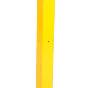 A tall rectangular yellow bollard post with a flat square base and three mounting screws is next to the Vestil Channel Guard Rail Tubular 60 In. The post has small holes at the top and bottom, providing versatility for various uses.
