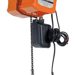 The Vestil Econ Hoist Chain W/ Container 2K 3 Phase has an orange electric design, sturdy metal hooks at both ends, and a control panel connected with a black wire. It features the 2,000 label on a plain white background and is ideal for lifting tasks.