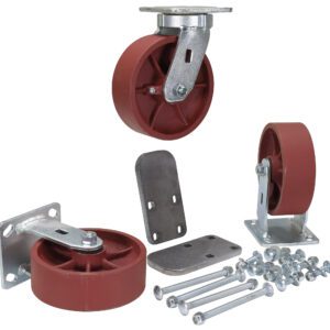 The Vestil 6X2 Ductile Steel Caster Kit 6K includes four red caster wheels with sturdy metal mounts and installation hardware like bolts and plates, all set against a white background. One wheel is elevated on its mount to display the underside.