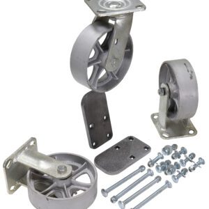 The Vestil 6X2 Semi-Steel Caster Kit 3.6K features metal caster wheels with three wheels, two mounting brackets, and various hardware components, all displayed on a white background for clarity.