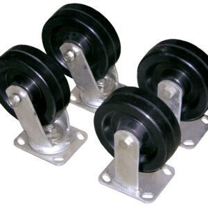 The Vestil 6X2 Glass Filled Nylon Caster Kit 4.8K includes four upright black rubber caster wheels with metallic bases, each mounted on a sturdy metal bracket for easy attachment, allowing them to roll and swivel effortlessly on various objects or surfaces.