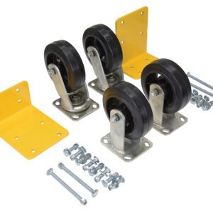 Four black swivel caster wheels, part of the Vestil 6X2 Mold-On-Rubber Caster Kit 2.4K, have metal frames and are lined up with two yellow brackets and scattered screws and bolts on a white background.