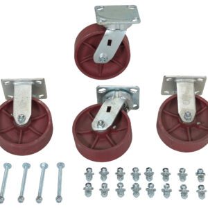 The Vestil 6X2 Ductile Steel Caster Kit 8K includes four red swivel caster wheels with metal mounting plates, neatly arranged alongside bolts and nuts, providing all necessary hardware for your projects.