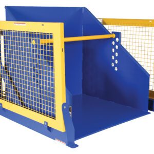 The blue/yellow Industrial safety cage with mesh panels and horizontal bar is perfect for equipment protection. Its sturdy metal frame and secure fastening integrate seamlessly with the Vestil Electric/Hydr Box Dumper 4K 36 In Dump H.