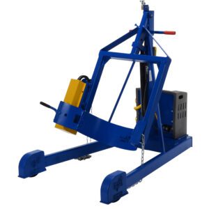 The blue and yellow hydraulic log splitter, similar to the Vestil Hyd Drum Carrier/Rotator/Boom Dc 59.9 In, features a sturdy frame with a chain, two red handles, wheels for easy mobility, and a protective casing on the right side.