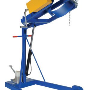 The blue industrial log splitter, with its yellow hydraulic component and black and red lever, is as robust as the Vestil Hyd Drum Carrier/Rotator/Boom 59.9 In., featuring a sturdy metal frame, foot pedal operation, upward angle, and stabilization chain.