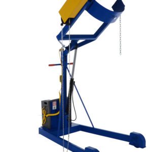 The blue and yellow Vestil Hyd Drum Carrier/Rotator/Boom Dc 71.2 In is an industrial drum lifter with a chain and lever for holding and tilting large barrels, featuring a sturdy base and hydraulic components for reliable lifting and tilting.