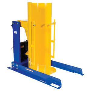 The Vestil Stationary Hyd Drum Dumper 1K 36 In, in yellow and blue, is designed for lifting and rotating large barrels with its cylindrical form. It features metal arms for stability and a secure clamp, ideal for industrial or warehouse applications.