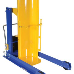 The Vestil Portable Hyd Drum Dumper 0.75K 48 In, in yellow and blue, features wheels for easy movement of large drums. Its robust steel frame and ergonomic handles ensure secure handling, while its open design allows effortless accommodation of drums.