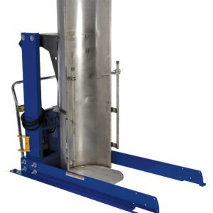 The Vestil Stationary Hyd Drum Dumper Ssc .75K48 In features an industrial blue and silver design with a metal frame, vertical support, and clamp mechanism for securing and lifting drums. Its showcased on a clean white background.