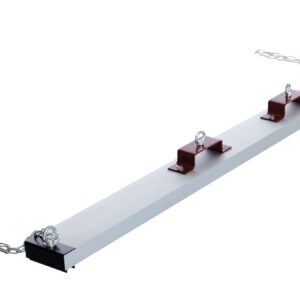 The Vestil Heavy Duty Magnet Sweeper Forklift 72 In is a long, rectangular, silver and black metal bar with three red brackets, eye bolts on top, and chains extending from both ends. It includes attachment points for lifting or securing applications ideal for forklifts or industrial use.