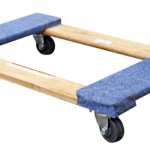 The Vestil Carpet End Hardwood Dolly, able to handle up to 0.9Klb, features two padded carpeted strips for protection and four swivel caster wheels for easy movement; it measures 18 X 30 and is displayed on a white background.