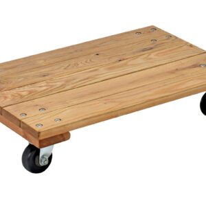 The Vestil Hardwood Dolly-Econ Solid 0.9Klb16X24 has a rectangular light brown wooden platform secured by metallic screws at the corners and comes with four black swivel casters for easy transport of heavy items.