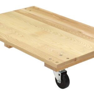 The Vestil Hardwood Dolly-Solid Deck 1.2K Lb 24X36 has a flat rectangular wooden surface and four secured black wheels with metal brackets for stability, made of light-colored wood with visible grain.