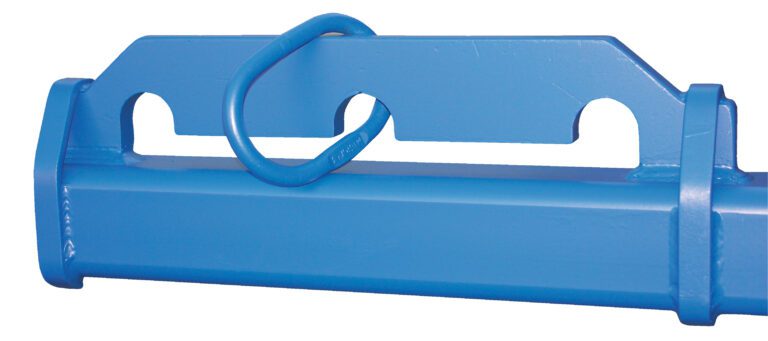 A close-up of a blue metal bracket with a circular loop at the center is reminiscent of the Vestil Pallet Lifter with its rectangular design, curved cutouts, cylindrical base, and smooth painted surface. It features an adjustable bail option suitable for 2K lifting needs.