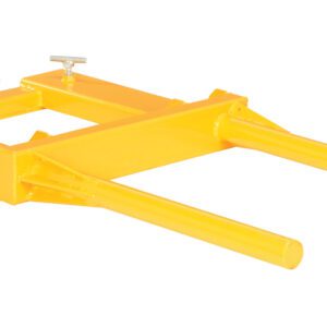 The image shows a yellow metal attachment similar to the Vestil Horizontal Drum Positioner 650 Lb Cap, featuring two parallel cylindrical arms and clamps, designed for lifting or holding objects up to 650 lbs, perfect for use with machinery like forklifts.