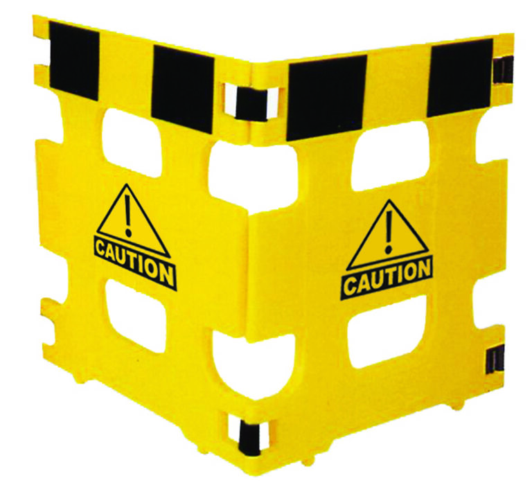 HG-2F_A.jpg The Vestil Multi-Purpose Barricade 2 Panel 74 In has a yellow and black checkered pattern, bold black exclamation mark, and CAUTION inside a triangle. Its corner design allows for easy folding or angular setups.