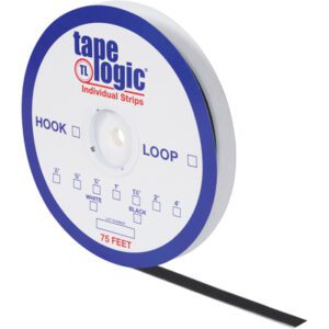 A roll of 2 x 75 Black Loop Tape Logic® Individual Tape Strips with hook and loop fasteners. The white packaging indicates the tape is 75 feet long. A black strip extends from the roll.