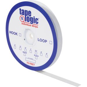 The 2 x 75 White Loop Tape Logic® Individual Tape Strips come in a circular dispenser featuring a measurement guide and logo in blue, red, and white. A strip extends for easy measuring and precise cutting.