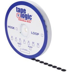 A spool titled 1/2 Black Loop Tape Logic® Individual Tape Dots (1440 Dots) with a blue border showcases black loop dots, specifying hook and loop sizes in black or white. A strip of black dots is visible from the spool.
