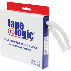 The 1/2 White Dots Tape Logic® Combo Pack (200/Case) features black and white self-adhesive hook and loop fasteners, with the brand logo on the box and partially visible fastener strips inside.