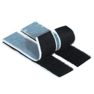 Two 1 x 3 Black Tape Logic® Precut Strips (200/Case) are shown, one with the hook side curling up and the other displaying the loop side, both lying on a white background.