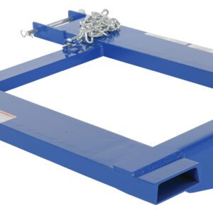 Check out the Vestil Fork Truck Hook Base, a blue metal forklift attachment with a 38.375 frame and 4000 lb capacity. It includes locking pins and chains for secure trailer movement with your forklift.