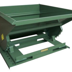 The green Vestil Self-Dump Heavy Duty Hopper, with a 1.5 Cu Yd capacity and 6K weight limit, features a rectangular industrial steel design and tilting mechanism on a sturdy metal base, ideal for bulk material handling in manufacturing or warehouse environments.