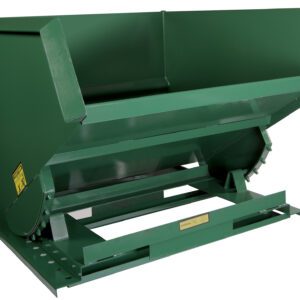 The green Vestil Self-Dump Med Duty Hopper 2 Cu Yd 4K is a durable metal industrial bin featuring an open top, rectangular shape with angled sides, and a sturdy tilting base. It includes warning labels and instructions for safe use.