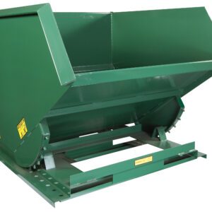The Vestil Self-Dump Med Duty Hopper 2.5 Cu Yd 4K is a large green rectangular metal hopper with a wheeled base, an open top for bulk materials, and caution signs on the sides.