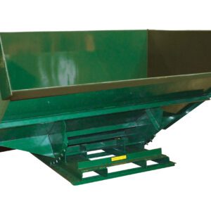 The Vestil Self-Dump Heavy Duty Hopper 5 Cu Yd 6K features a green, industrial design with a wide top opening and sloped sides for bulk material handling. Its reinforced base provides stability, making it perfect for heavy-duty tasks. Displayed against a white background.
