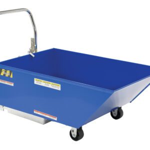 The Vestil Low Profile Parts Hopper 1/3 Cu Yd 2K features caution labels and is designed for efficient heavy material transport, complete with wheels and a metallic handle.