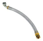 The Vestil Braided Poly Hydraulic Hose-Large is a flexible metal hose with brass fittings on both ends: a right-angle fitting at the top and a straight threaded connector at the bottom, perfect for plumbing or industrial use.