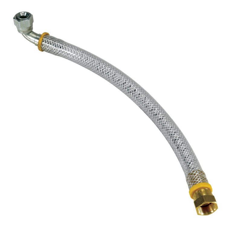 The Vestil Braided Poly Hydraulic Hose-Large is a flexible metal hose with brass fittings on both ends: a right-angle fitting at the top and a straight threaded connector at the bottom, perfect for plumbing or industrial use.