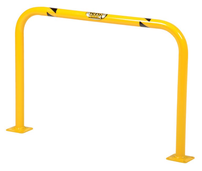 The Vestil High Profile Mach & Rack Guard 36X24X2 is a yellow metal safety barrier with a curved top, flat mounting plates for ground installation, black diagonal stripes near the top, and a small label.