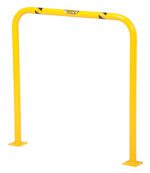 The Vestil High Profile Mach & Rack Guard 36X36X2 is a yellow, rectangular metal safety barrier with rounded top corners. It has black diagonal stripes near the top and stands on two flat square bases. The surface is smooth and shiny.