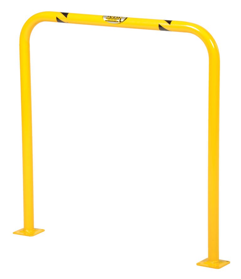 HPRO-36-36-2_A.jpg The Vestil High Profile Mach & Rack Guard 36X36X2 is a yellow, rectangular metal safety barrier with rounded top corners. It has black diagonal stripes near the top and stands on two flat square bases. The surface is smooth and shiny.