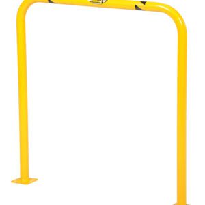 The Vestil High Profile Mach & Rack Guard 36X36X2 is a yellow, rectangular metal safety barrier with rounded top corners. It has black diagonal stripes near the top and stands on two flat square bases. The surface is smooth and shiny.