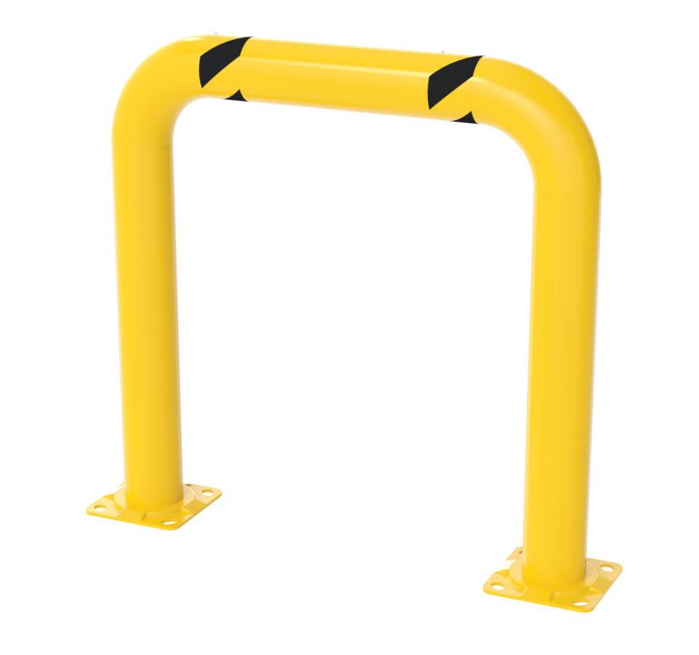 The Vestil High Profile Mach & Rack Guard 36X36X4 includes a yellow guardrail with black stripes, securely bolted on a flat base. Its U-shape design is made of sturdy metal for enhanced protection.