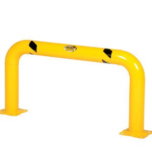 The Vestil High Profile Mach & Rack Guard 48X24X4 is a yellow barrier with black chevron markings on white, featuring curved ends and flat mounting bases, with its text and logo prominently centered.