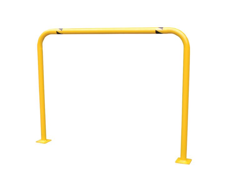 The Vestil High Profile Mach & Rack Guard 48X36X2 is a yellow safety barrier with black chevron markings on its top corners, featuring a U-shaped frame and flat square bases for mounting, presented against a plain white background.