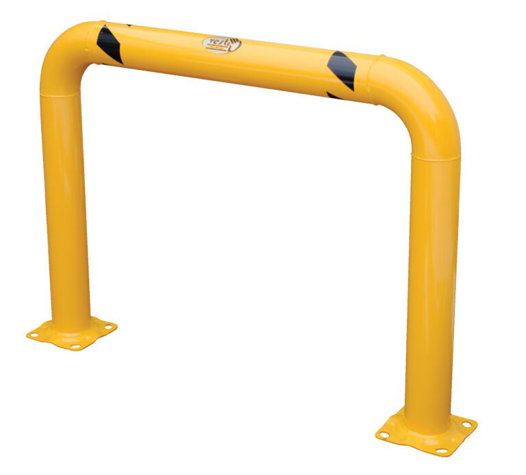 The Vestil High Profile Mach & Rack Guard 48X36X4 is a robust yellow safety barrier with a U-shaped design, featuring two mounting plates and black diagonal stripes on the top bar, plus a small logo on a plain white background.
