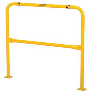 The Vestil High Profile Mach & Rack Guard 48X42X2 is a bright yellow safety guardrail with two horizontal bars and a rectangular shape. It features rounded corners and sturdy base plates for secure mounting on flat surfaces, ensuring optimal protection.