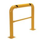 The Vestil High Profile Mach & Rack Guard 48X42X4 is a yellow metal safety barricade with a curved top and black diagonal stripes, featuring a horizontal bar and two flat plates for stability and enhanced visibility.