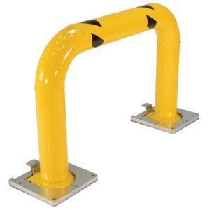 The Vestil Removable High Profile Rack Guard 36X24 is a yellow steel U-shaped safety barrier with black diagonal stripes on the top bar, mounted on rectangular metal bases, perfect for protection and access control in industrial or commercial settings.