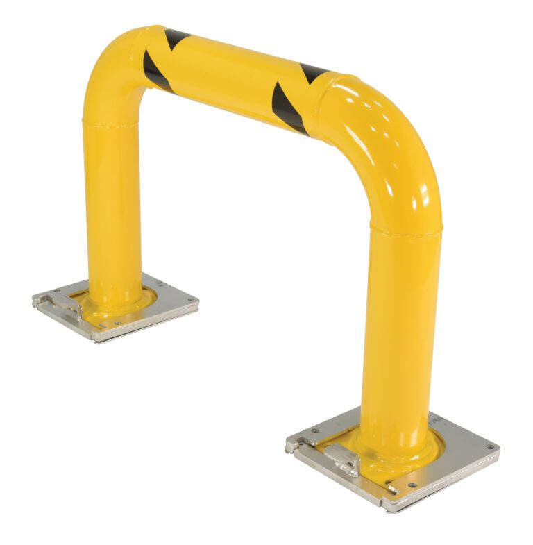 The Vestil Removable High Profile Rack Guard 36X42 is a yellow metal safety barrier with vertical posts and a horizontal top rail featuring black diagonal stripes, mounted on square metal plates for secure installation.