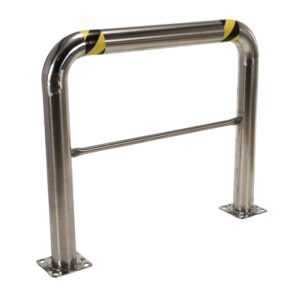 The Vestil SS High Profile Rack Guard 48 X 42 X 4 is a metal safety barrier with a horizontal support bar, featuring yellow and black striped tape at the top corners. Its designed for floor mounting with base flanges for secure and stable installation.